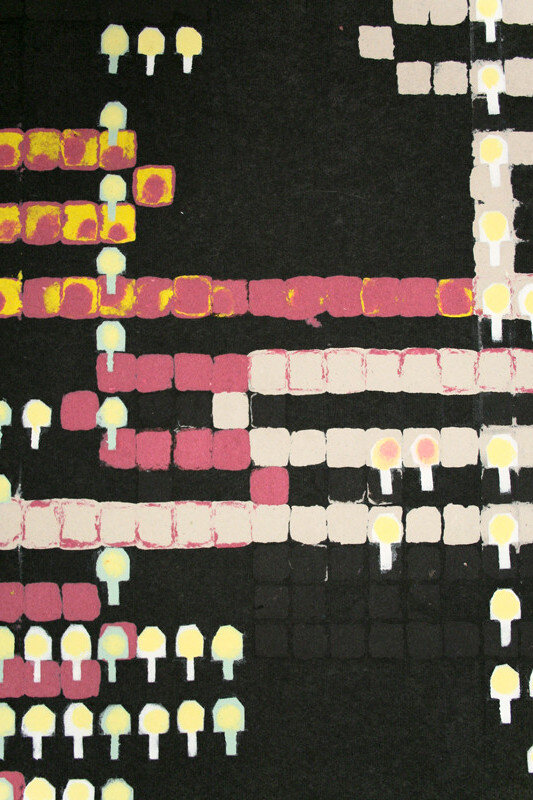   Rosemarie Fiore   Centipede, Atari 1980 (detail) , 2001 Stenciled linen pulp, on cotton base sheet, pigment, mat medium 29 3/4 x 22 inches     