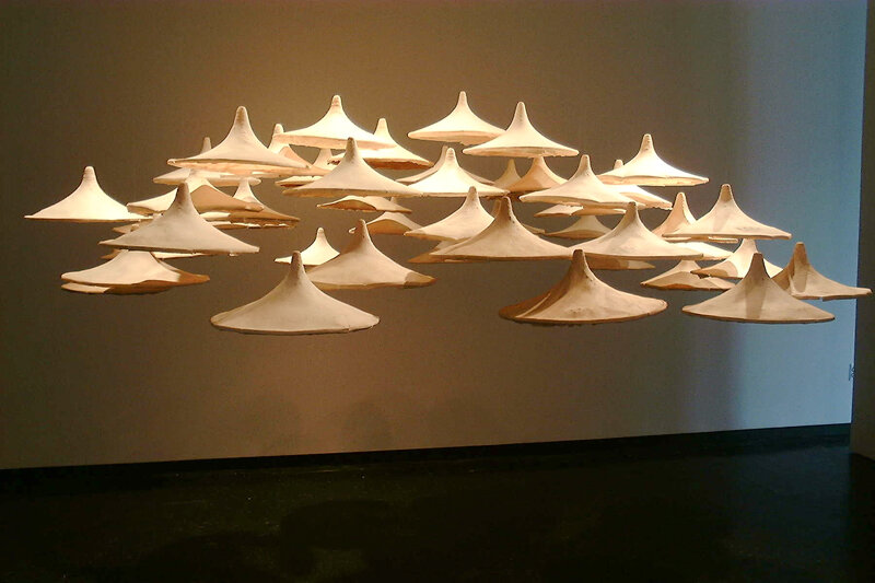   Wennie Huang   Between Heave and Earth , 2003 Cast abaca paper with methyl cellulose 14 1/2 x 14 1/2 x 7 Inches (inside rim; each hat) 