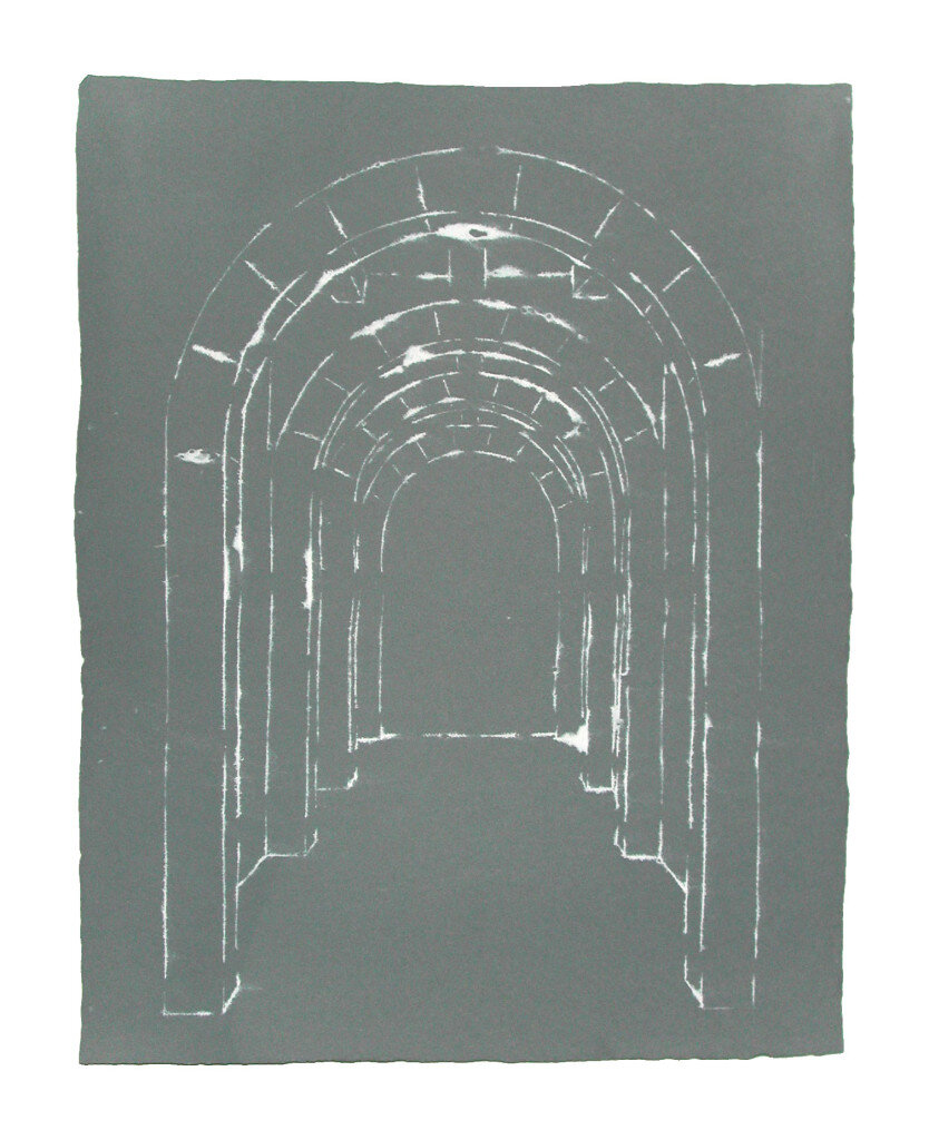  Noah Loesberg   Arches , 2005 Stenciled White pulp paint on blue/gray cotton base sheet 11 x 14 inches 