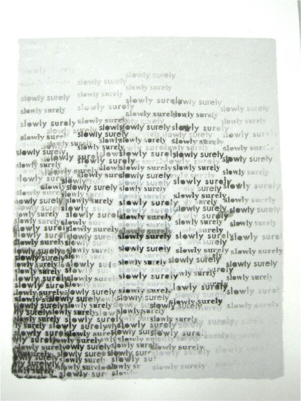   Matt Keegan   (Untitled as of 9.8.10 – Surely Slowly I) , 2010 stenciled linen pulp paint on handmade paper 26 x 20 inches 