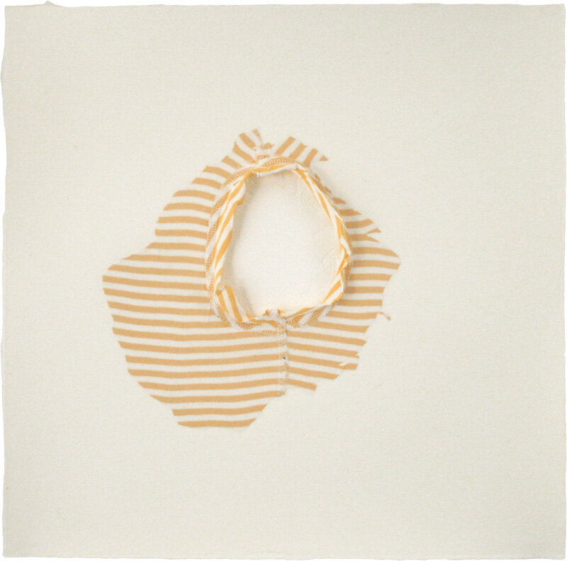   Ilene Sunshine   At First , 2011 outgrown t-shirt and abaca on cotton base sheet 18 x 18 x 1/2 inches 
