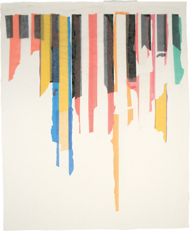   Ilene Sunshine   Urban Icicles , 2011 plastic bags (Sports Authority black stripes, various colored stripes from Syria &amp; Mexico) and abaca on cotton base sheet 29 1/4 x 24 inches 