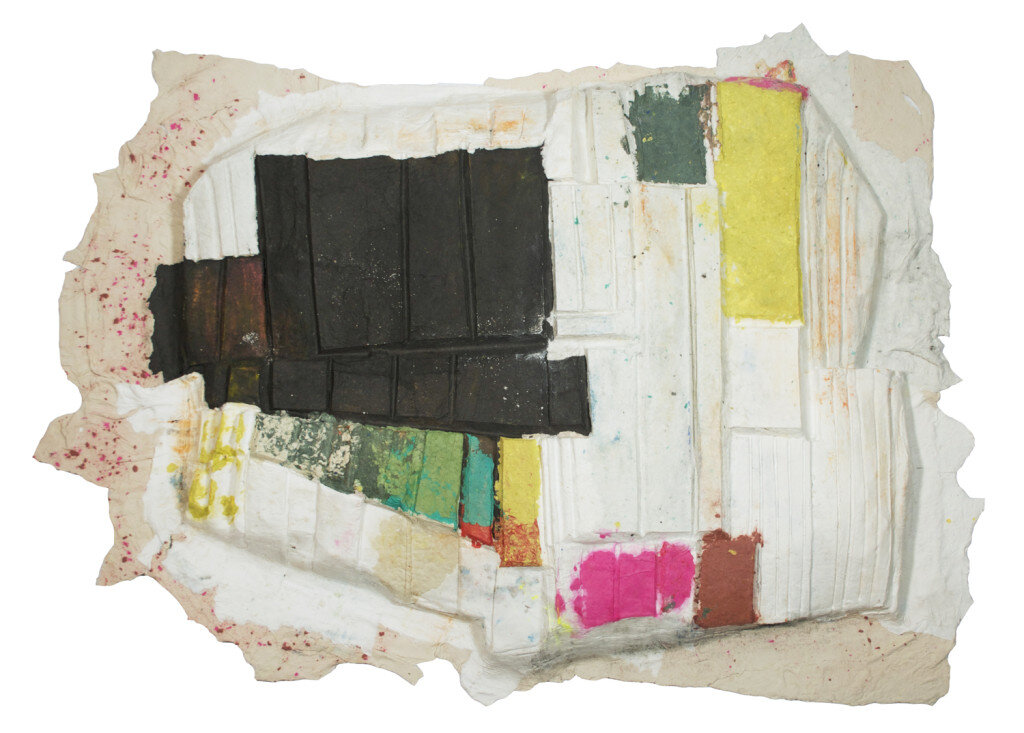   Tamara Zahaykevich   Marshmallow Fell Off , 2014 Pigmented cotton, linen, and abaca, and powdered pigment 31 1/2 x 43 1/8 x 2 7/8 inches 