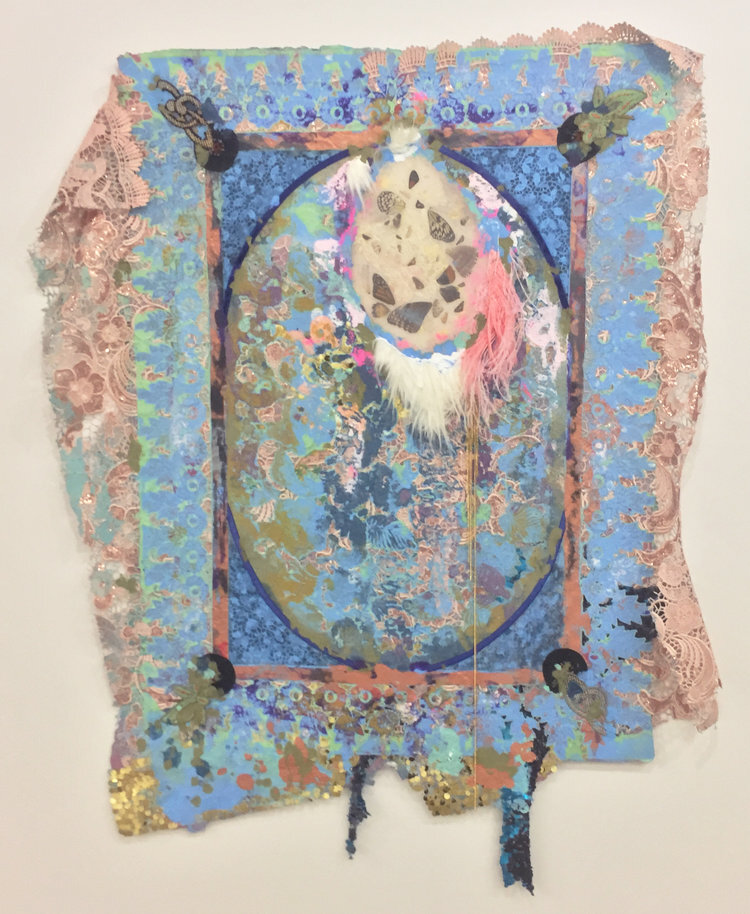   Lina Puerta   Untitled (Turquoise/Tapestries Series),  2016 Cotton, linen and abaca pulp, lace, sequined fabrics, velvet ribbon, fake fur, feathers, appliqués, chains and found insect wings 49 x 43 inches 