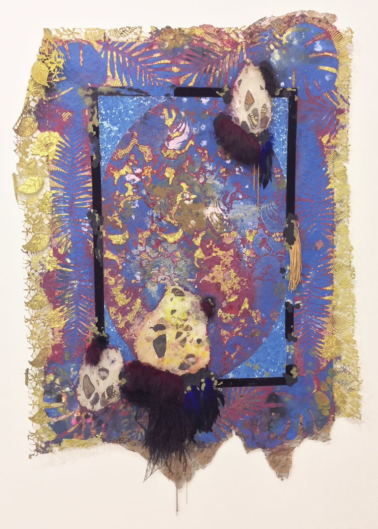   Lina Puerta Untitled (Blue + Red/Tapestries Series),  2016 Cotton, linen and abaca pulp, lace, sequined fabrics, velvet ribbon, fake fur, feathers, appliqués, chains and found insect wings 51 x 36 inches 