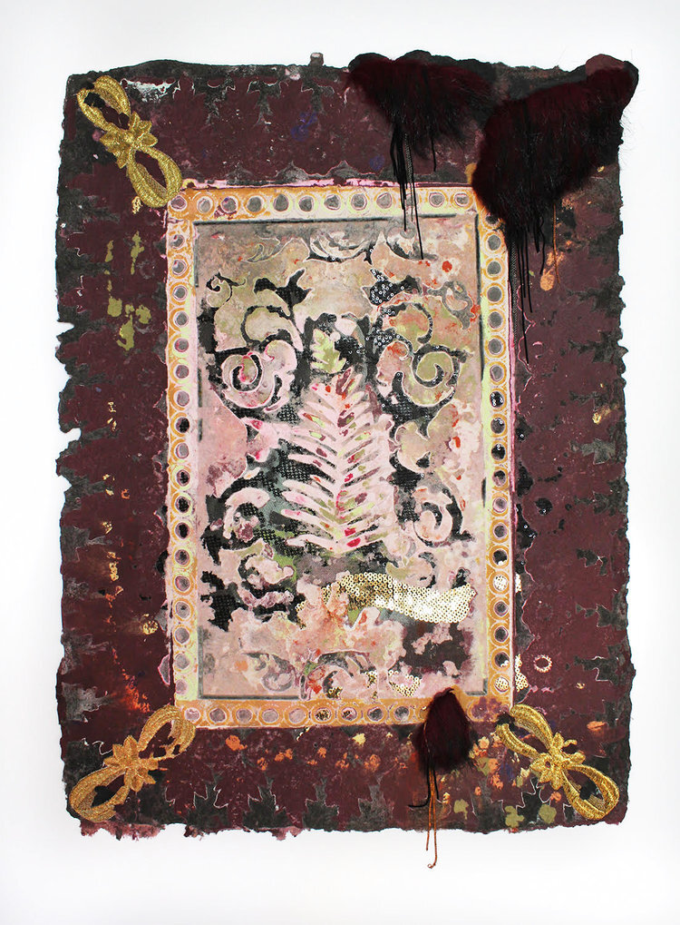   Lina Puerta   Untitled (Burgundy/Tapestries Series) , 2016 Cotton and linen pulp, lace, velvet, sequins, trims, appliqués, fake fur and chains. 32 x 23 inches 