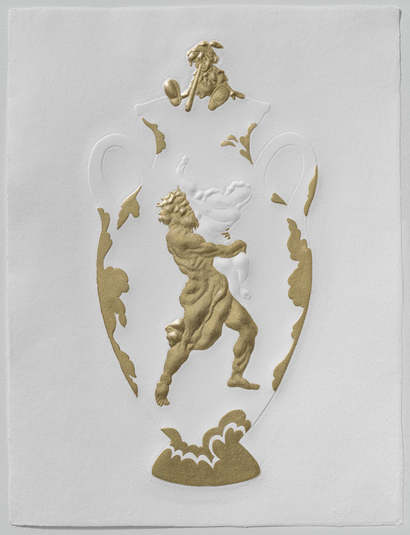   Tricia Wright   Little Liar, Pandora's Vase with The Rape of Proserpina (Bernini, 1621),  2019 Handmade cotton paper embossed with custom-made 3D form, gold leaf 18 x 24 inches 