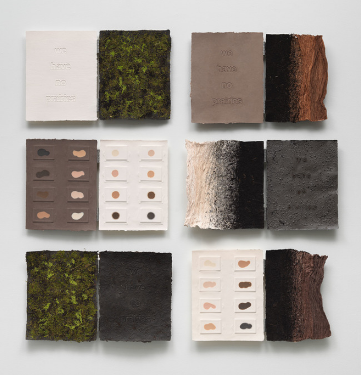   Tricia Wright   We Have No Prairies , 2019  Handmade pigmented cotton and abaca paper, crushed peat turf, moss, steel hinges  Approximately 50 x 50 inches 