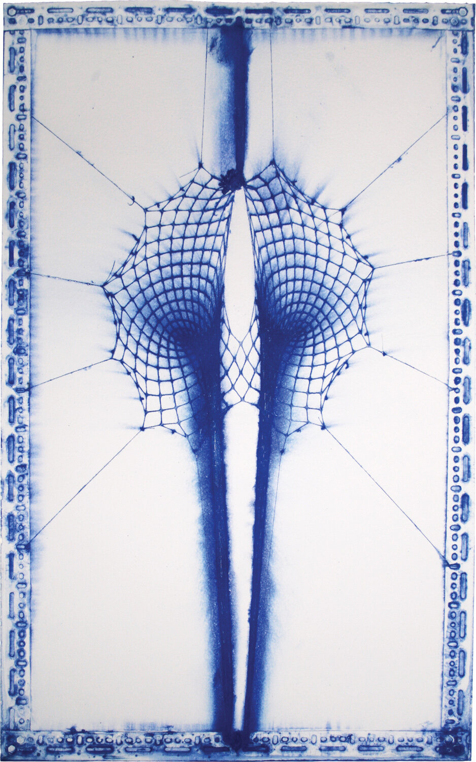  E.V. Day,  Double Black Hole (Blue and White) , 2009, Fishnet bodysuit pigment embossing on cotton base sheet, 58 x 35.75 inches. 