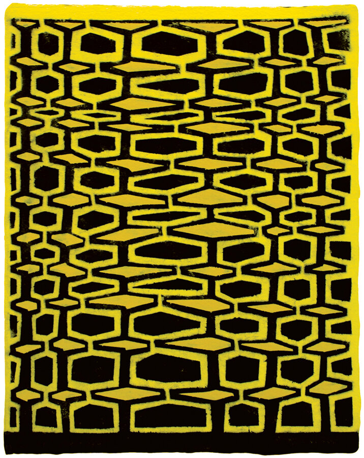  James Siena,  Two Perforated Combs,  2006, Stenciled pigmented linen on pigmented cotton base sheet, 10 x 8 inches.  