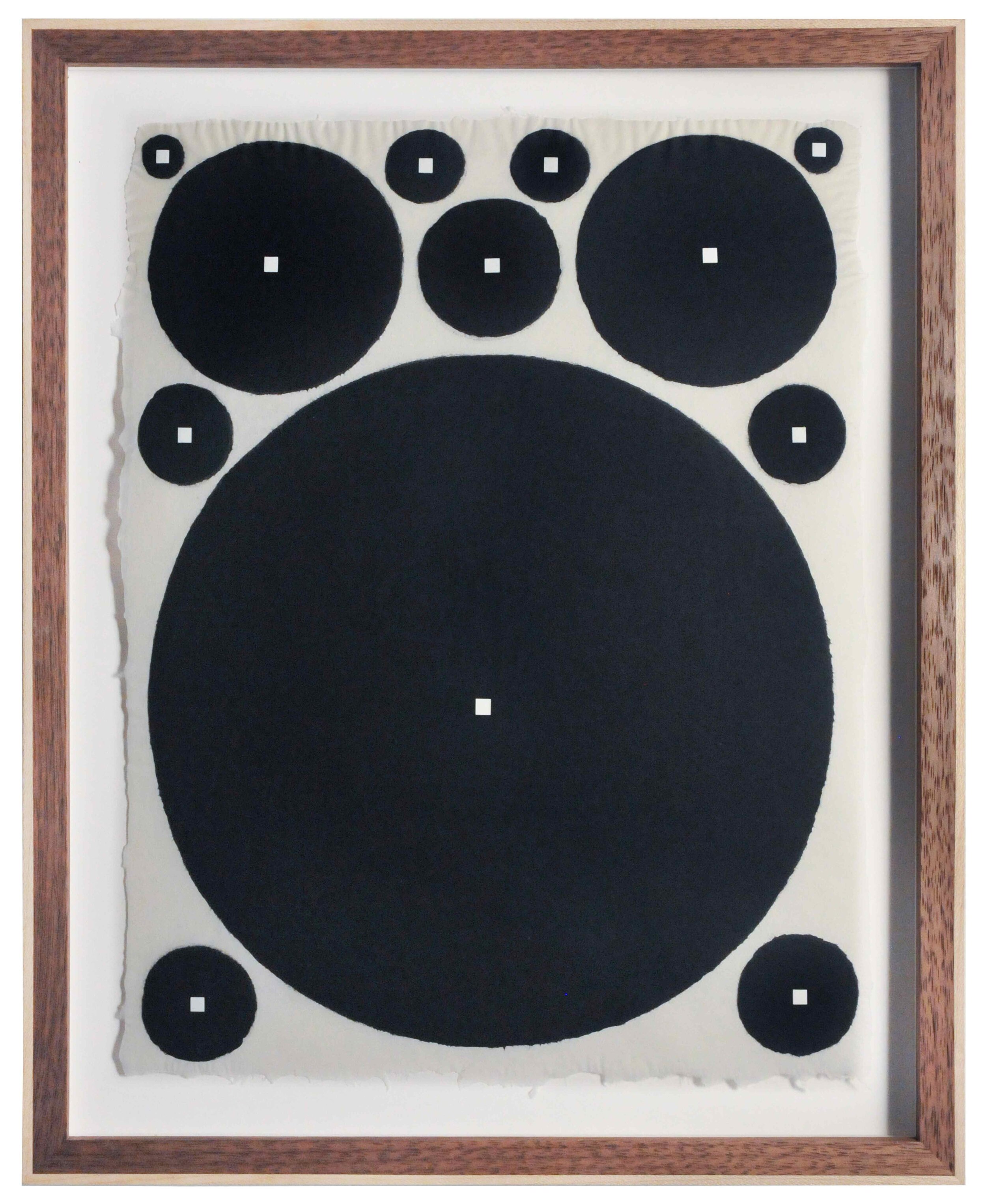  James Siena,  Twelve Circles, Twelve Squares (Black-White),  2012, Pigmented linen pulp on cotton base sheet in frame designed by artist, 11 x 8.5 inches.  