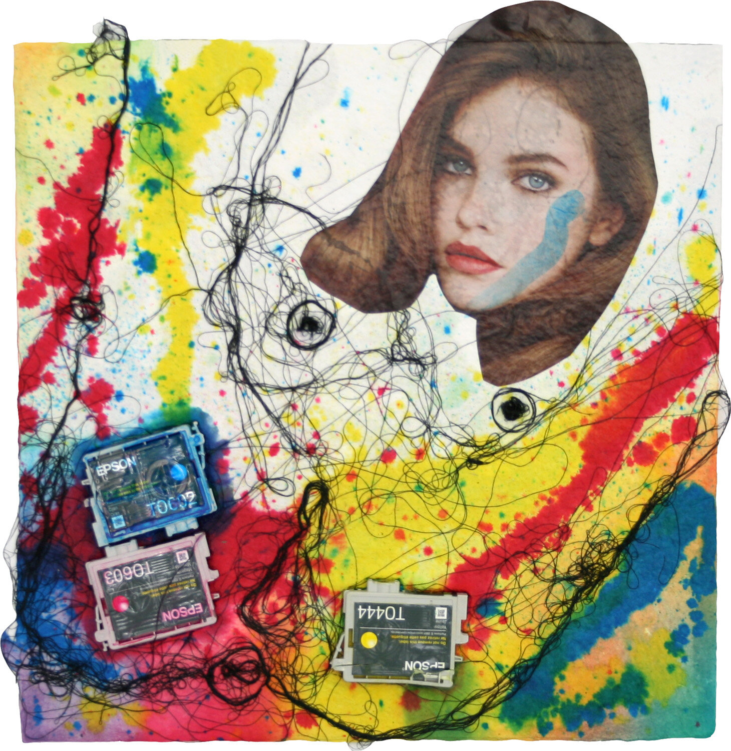  Jon Kessler,  Epson Girl,  2010, Epson ink and cartridges, magazine, and string on handmade paper, 17 x 17 inches. 