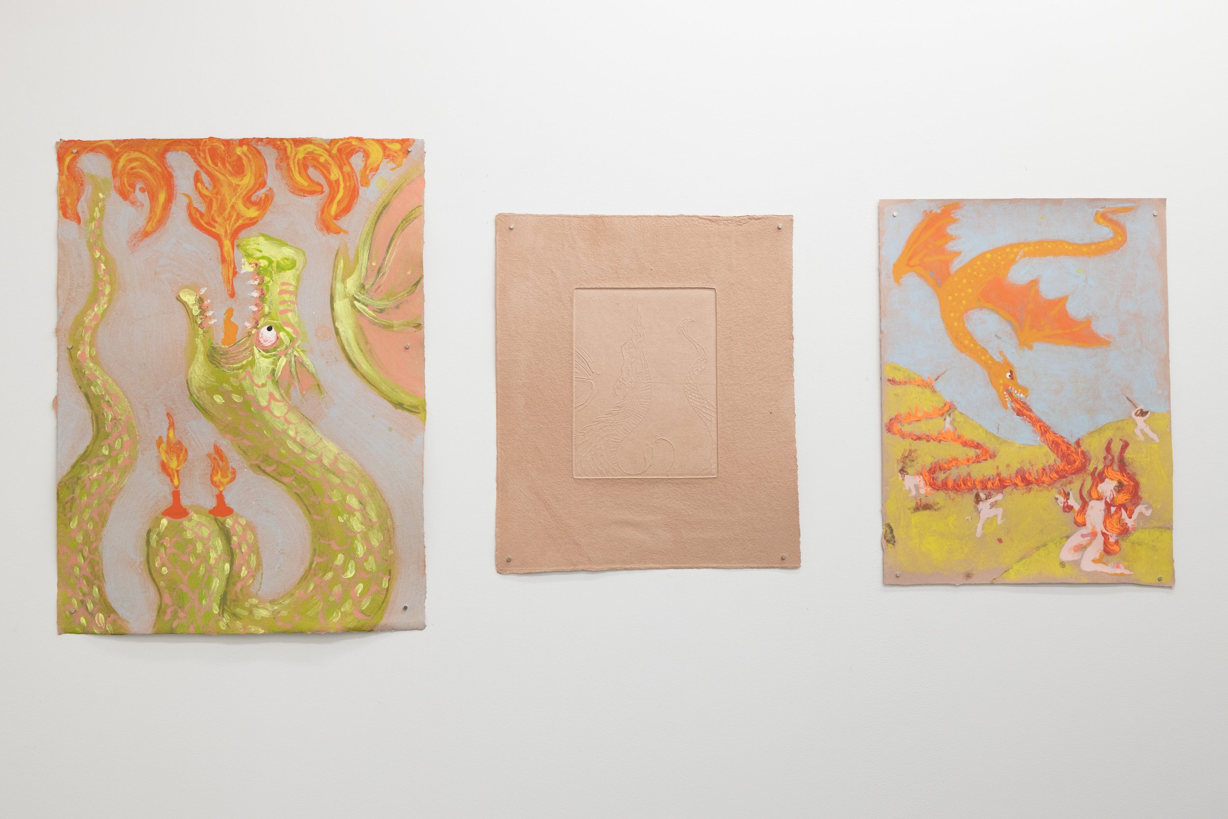  (Left to right) ‘ Dragon Fire 2’, ‘Dragon Fire 3’,  and ‘ Dragon Fire’,  2022, pulp paintings  Installation View   