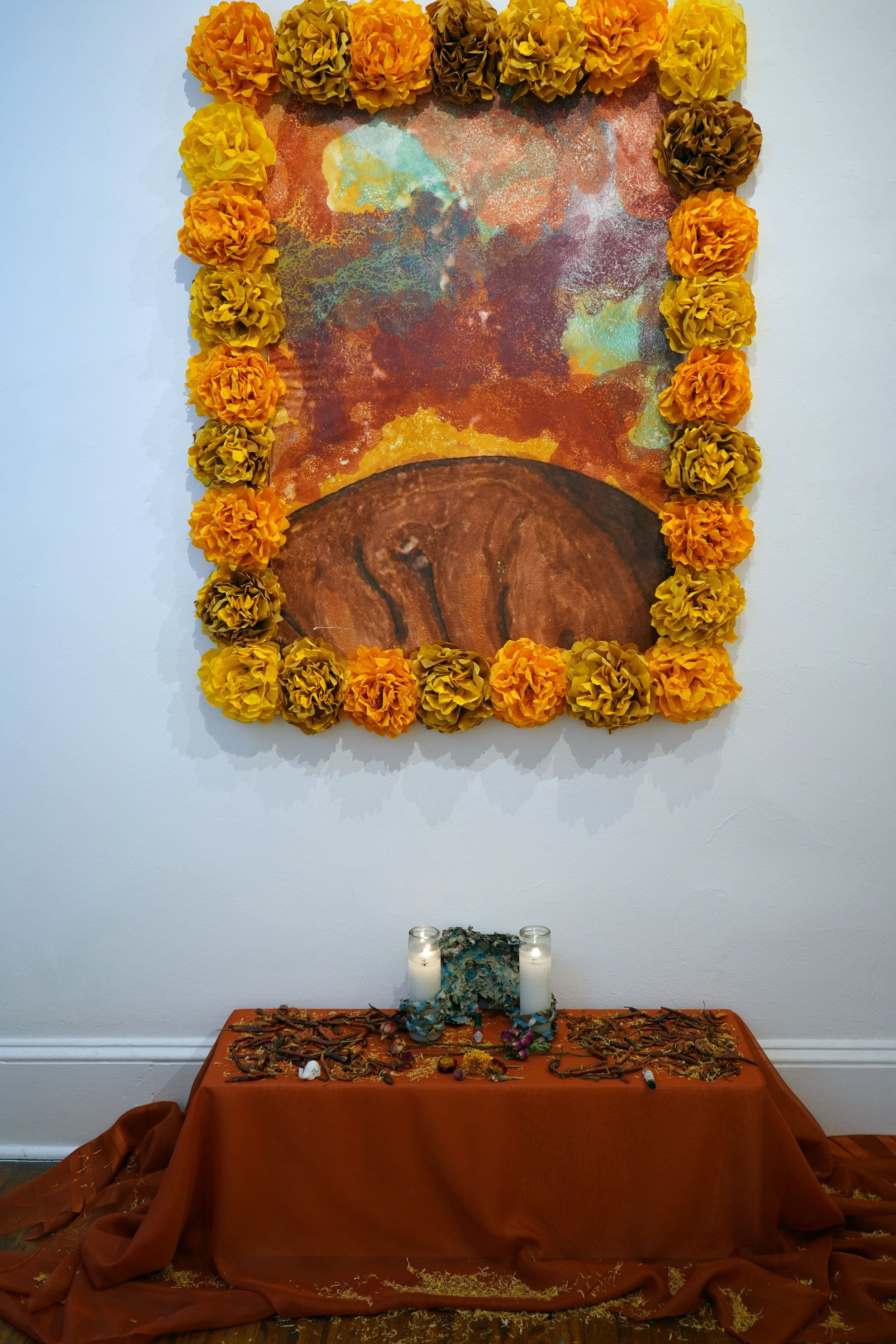  Candy Alexandra González, Reverence&nbsp;  An altar installation of a pulp painting on abaca, handmade paper flowers and offerings installed at DaVinci Art Alliance. 2021&nbsp; 