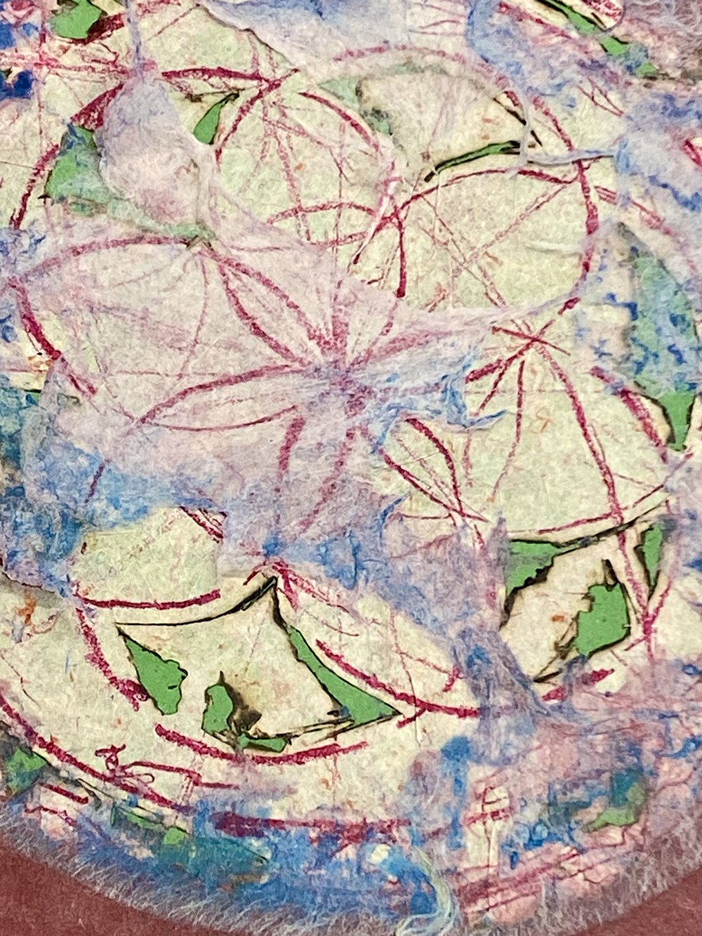   Infinite Flower  (detail), 2023, Lithograph of my drawing, printed on artist-made paper from worn bhikkhuni robe, embedded into abaca and Thai mulberry 