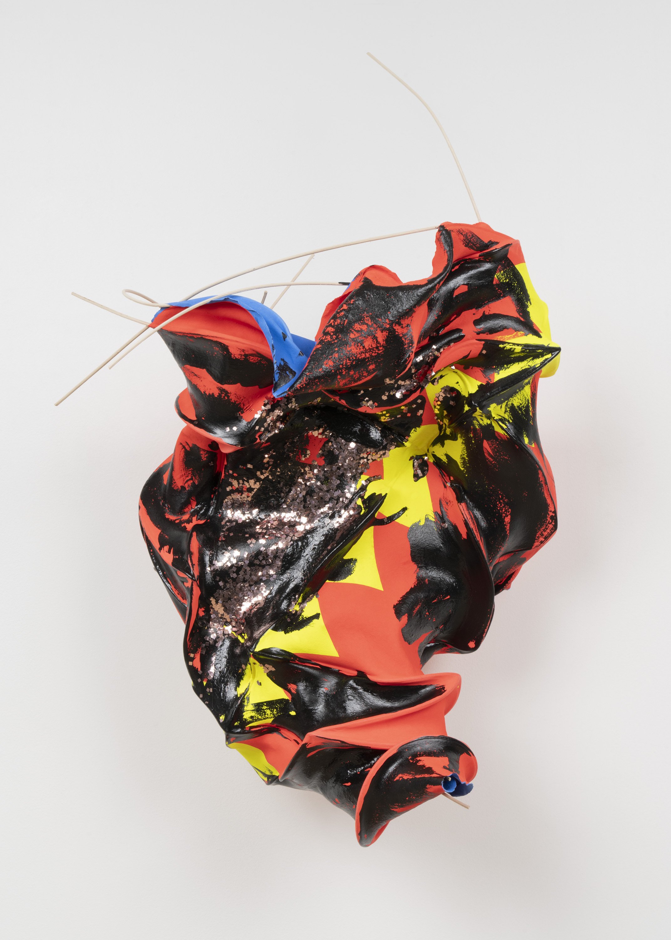  Lynda Benglis  Drinker , 2023 Handmade pigmented abaca paper, embedded rattan reed, stenciled linen pulp paint, carbon black with acrylic medium, sparkles 