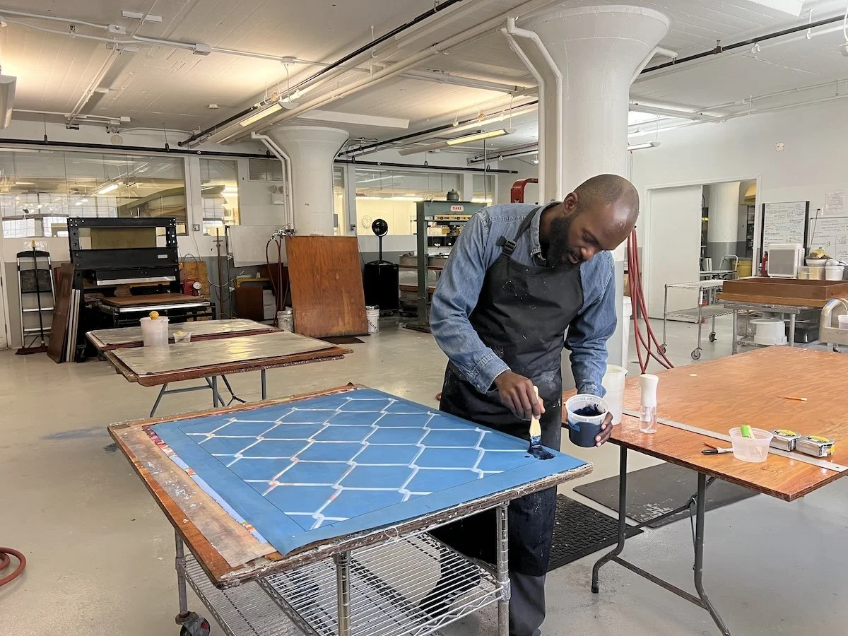  Artist Paul Anthony Smith applies pulp paint through silk screen 