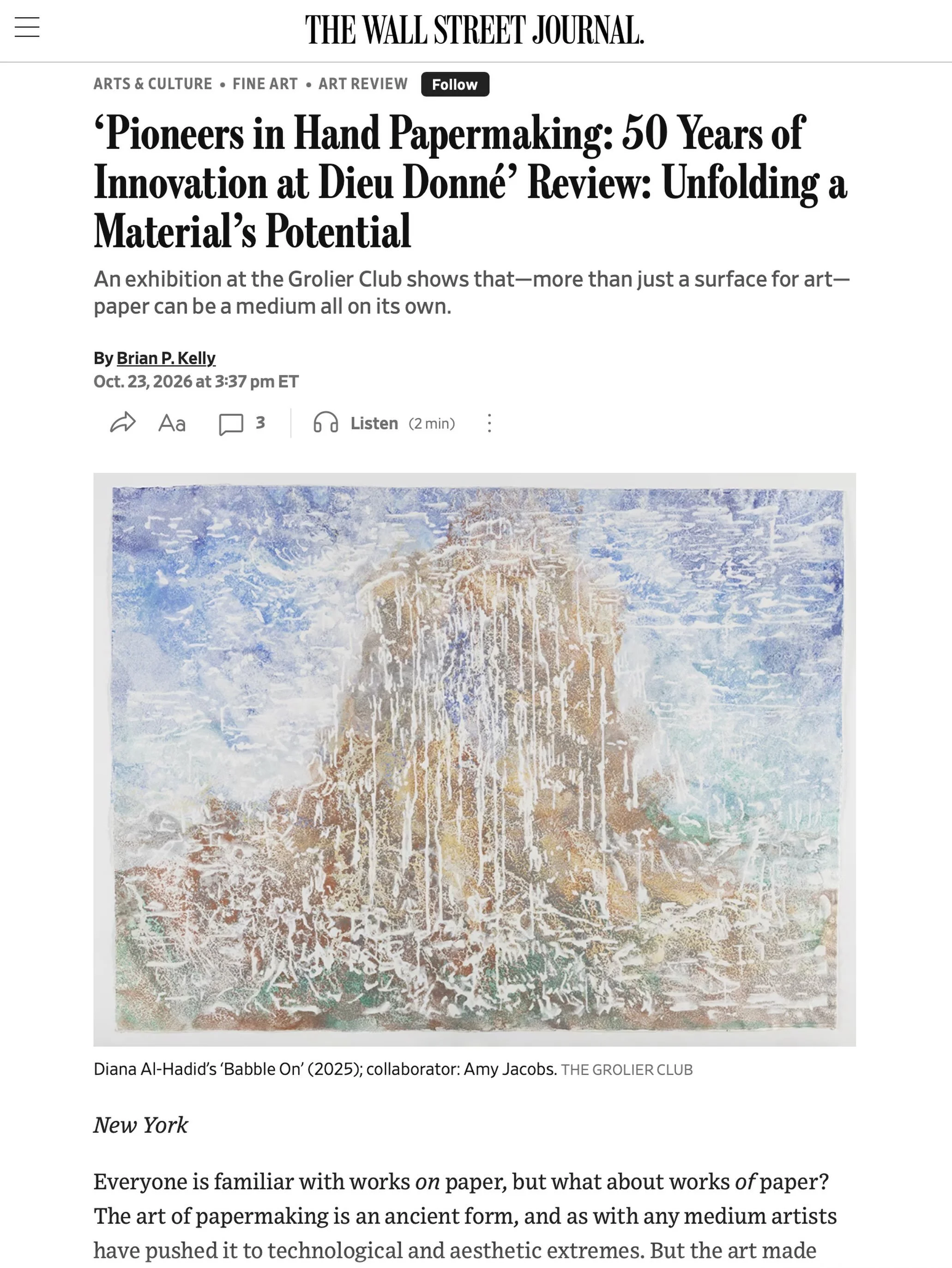 Dieu Donn&eacute; is in the @wsj! We&rsquo;re honored to have &ldquo;Pioneers in Hand Papermaking: 50 Years of Innovation at Dieu Donn&eacute;&rdquo; featured.

Curated by founder Susan Gosin and Cynthia Nourse Thompson @cnt_curatorial, the show cele