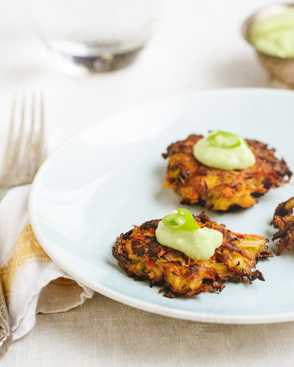 KOHLRABI CARROT FRITTERS WITH AVOCADO CREAM SAUCE. RECIPE AND PHOTO COURTESY OF A COUPLE COOKS.