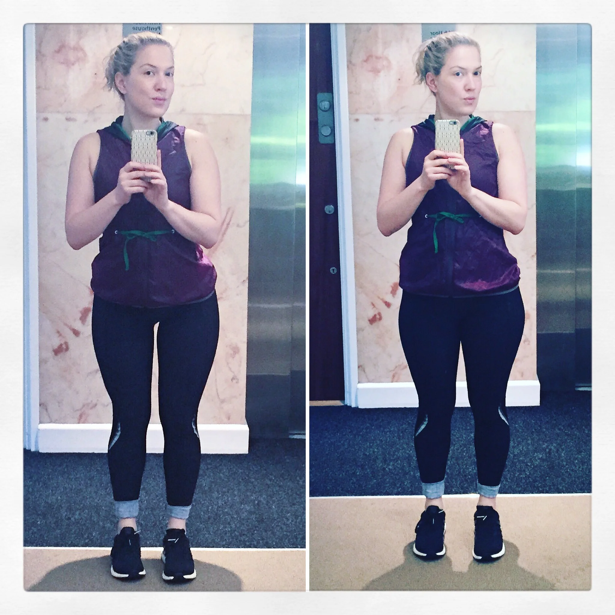 Thighs, two ways, plus slightly horrible 70s decor while standing by a lift. (All the glamour...)