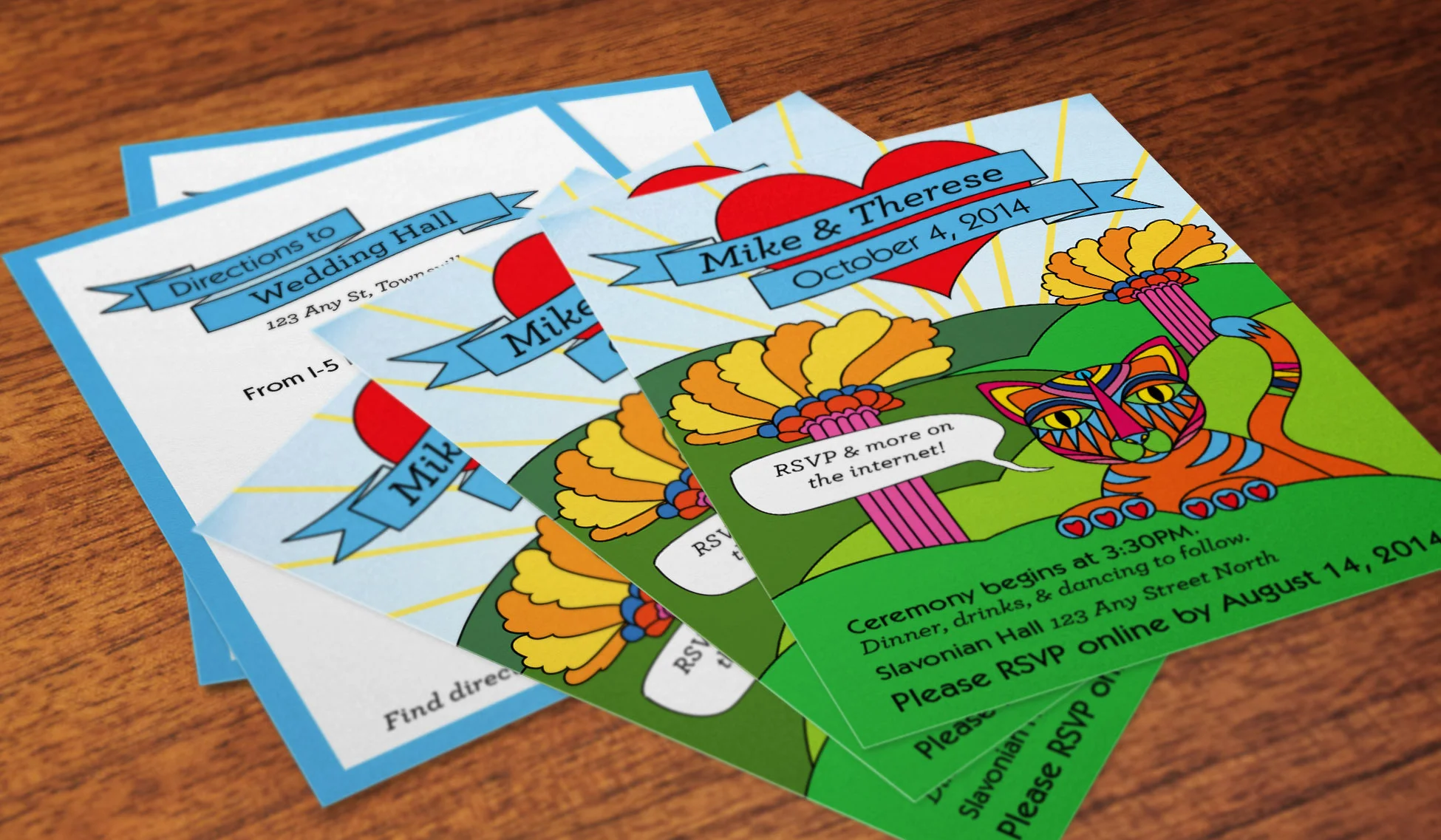 Mike & Therese needed a fun, colorful invitation to match their colorful, DIY, Beatles Yellow Submarine-themed wedding. An illustration of their decidedly grumpy cat, Mr. Fig Newton, adds just a bit more humor and character to their bright stationery.