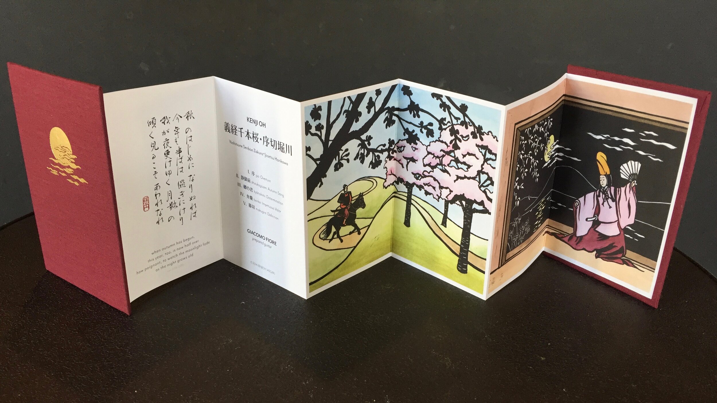  A limited edition book of 100, bound at Cardoza-James Binding to accompany a digital-only release of KENJI OH: YOSHITSUNE SENBON ZAKURA・JOSETSU HORIKAWA. Artist Shari Arai DeBoer created the watercolored linocuts, I designed and laid out the orihon-