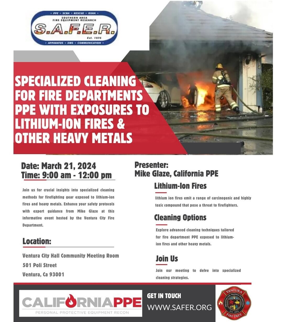 Don&rsquo;t miss out on crucial insights into specialized cleaning methods for firefighting gear exposed to lithium-ion fires and heavy metals! Presenter Mike Glaze from California PPE will guide us through cleaning options tailored for PPE exposed t