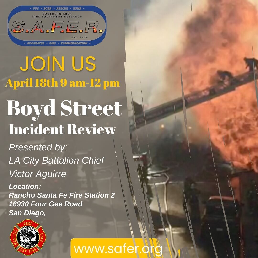 Join us on April 18th from 9 am-12 pm for an Incident Review led by LA City Battalion Chief Victor Aguirre at Rancho Santa Fe Fire Station 2. Learn crucial insights on Boyd Street incident. Don&rsquo;t miss out! 
Visit safer.org for details. @ranchos