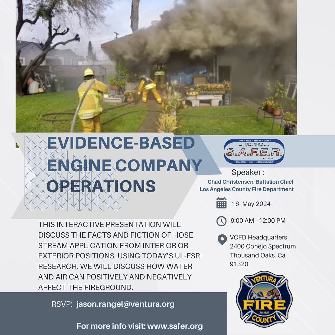 Join us on May 16th at VCFD Headquarters for an interactive presentation by Battalion Chief Chad Christensen on the facts and fiction of hose stream application! Learn how water and air can impact the fireground, backed by today&rsquo;s UL-FSRI resea