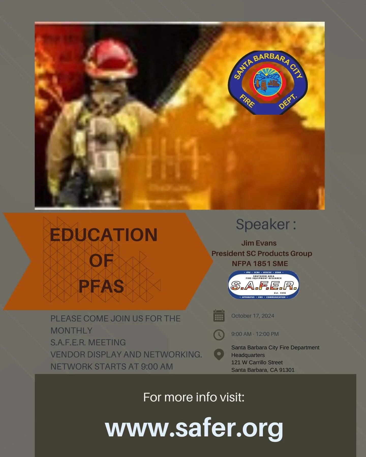 Join us at the Santa Barbara City Fire Department for an educational session on the dangers of PFAS. Learn from expert Jim Evans on how we can tackle these persistent pollutants. Mark your calendars! 
🗓 Date: October 17, 2024 
⏰ Time: 9:00 AM - 12:0