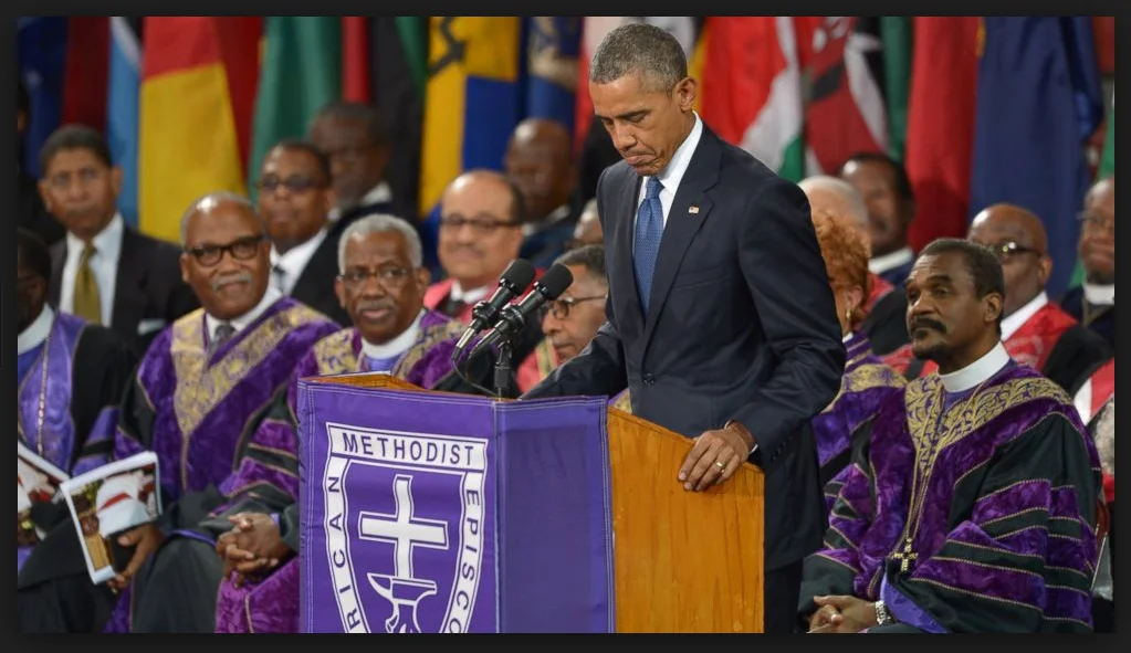 President Obama sings "Amazing Grace" at the funeral of South Carolina State Senator Clementa Pinckney