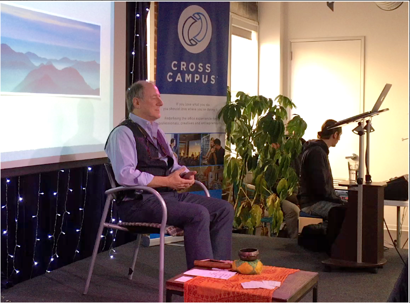Nicholas Stein leads a short meditation exercise at Cross Campus in Pasadena, Calif. on Jan. 6. (Sarah Le/Epoch Times)