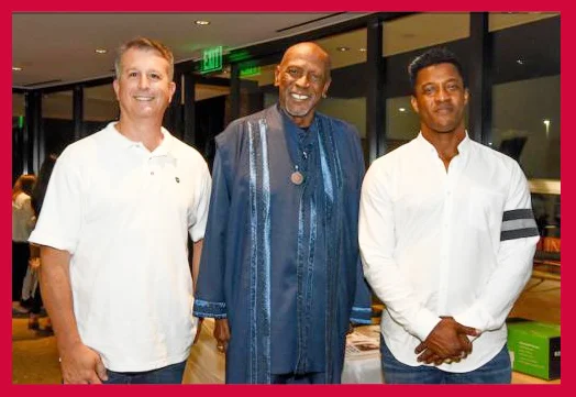 LA County Fire captains and Firefighters Down co-founders Rick Brandelli (left) and Mike Henry (right) gather for a photo with Malibu resident and actor Lou Gossett Jr., who spoke at the organization’s Sept. 11 event . . . (Photo by Suzy Demeter/22nd Century Media)