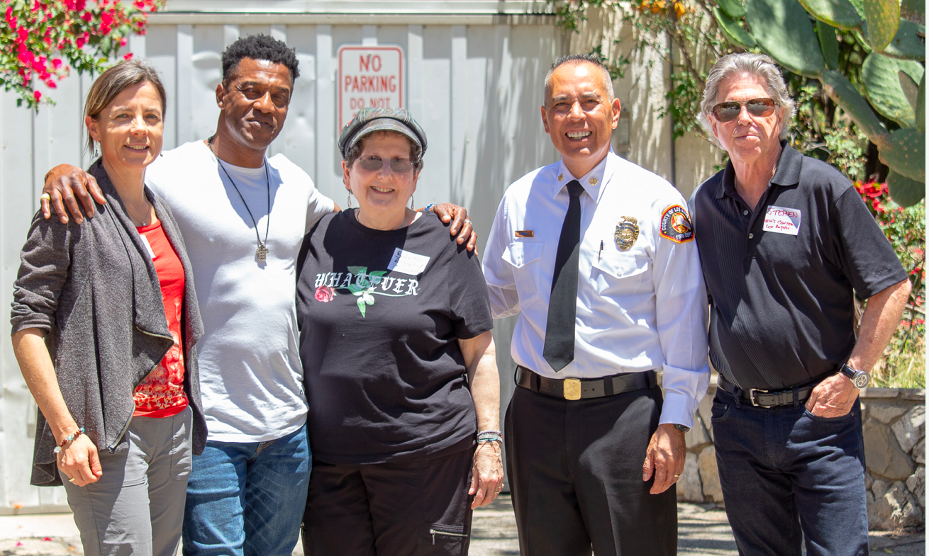 MINDFULNESS IN NATURE: (L-R) Babbette Rothschild; Captain Mike Henry; Christiana Wolf; Deputy Fire Chief Angel Montoya, LA County Fire Department; Dr. Stephen Johnson, Firefighters Down Director of Therapy