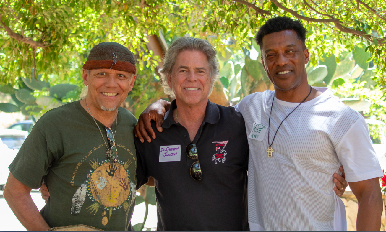 MINDFULNESS IN NATURE: International Master Music Maestro Christo Pellani with Men’s Center Los Angeles Executive Director Dr. Stephen Johnson and LA County Fire Department Captain Mike Henry facilitating special FireFighters Down therapeutic healing group event on the mountain in June.