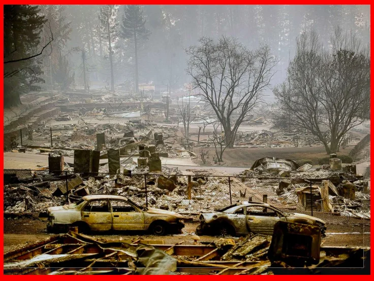 PARADISE, California (AP) — A powerful wildfire in Northern California incinerated most of a town of about 30,000 people with flames that moved so fast there was nothing firefighters could do, authorities said Friday. Nine people died, including five who were found in their burned-out vehicles. Only a day after it began, the blaze near Paradise, CA., had grown to nearly 110 square miles and was burning completely out of control.