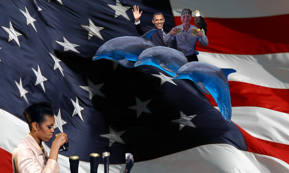 Greg then proceeded to double fist some beers with the great Barack to celebrate the US winning in the aforementioned brawl. After a while, they felt the need to further prove that the US is the greatest country ever, so Greg (obviously being Aquaman) called upon his friends, the dolphins, to ride the ever waving flag. Barack also called upon his BFFL, Baldy the eagle. All the while Michelle is gracefully sitting at the bar judging them because in reality they are just rolling around on the bar floor in a drunken stupor. - Riley