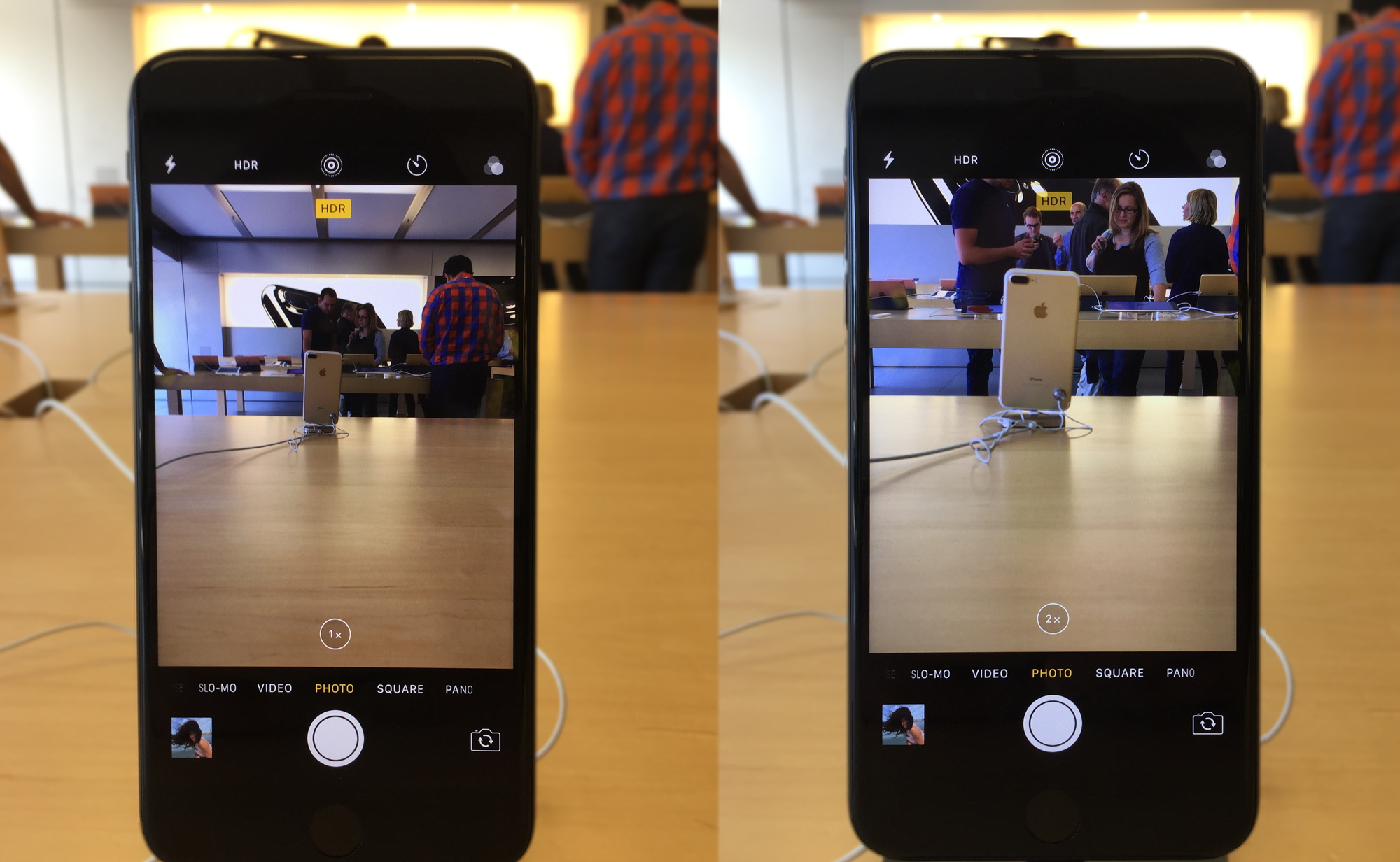 This shows the same phone looking at the same object, but the one on the right is using the new telephoto lens. Look at how much closer it appears without losing any quality.