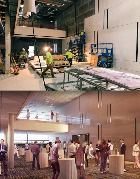 Ballroom lobby, seen in current construction phase and final rendering