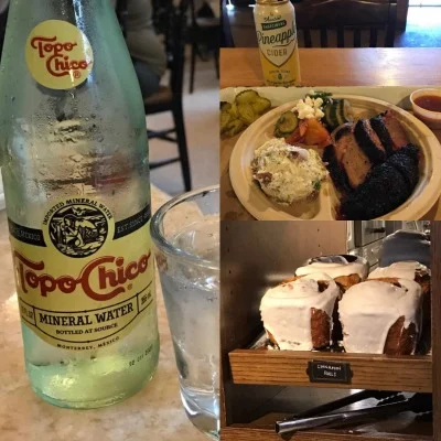 Topo Chico & Cinnamon Rolls at 1886 Cafe & Bakery at The Driskill Hotel - Barbecue from Stiles Switch BBQ