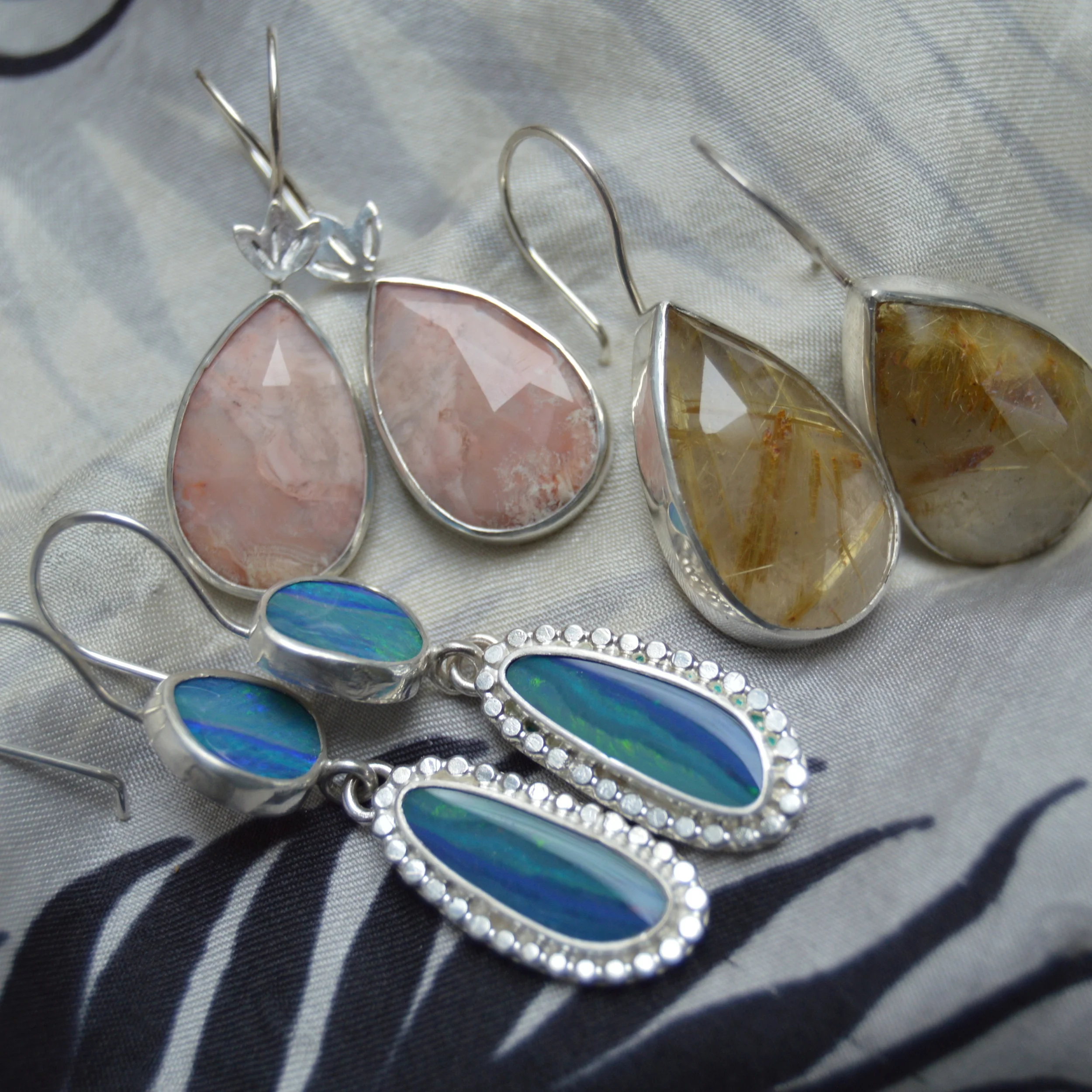  Rhodochrosite, golden retaliated quartz, and Australian doublet opal earrings 