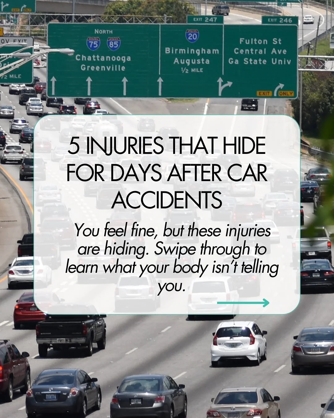 Adrenaline is a liar. 🚨

These 5 injuries won&rsquo;t show up at the accident scene, but they&rsquo;ll show up in your life for YEARS if untreated. Swipe to see what your body is hiding right now. ➡️

Been in a car accident? Don&rsquo;t wait to &ldq