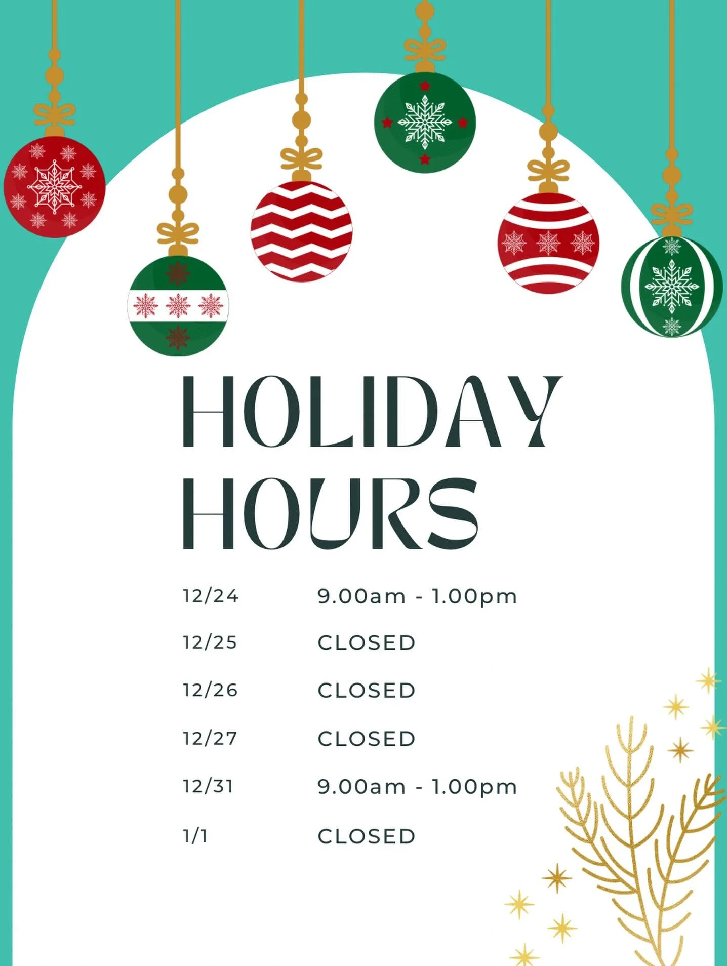 ✨ Holiday Hours Update at Ease Wellness ✨

The season of rest and recharge is here, and our team will be taking a little extra time to do the same. Here are our special holiday hours, so you can plan your visits with ease. 💆&zwj;♀️🎄🎆

Keeping your