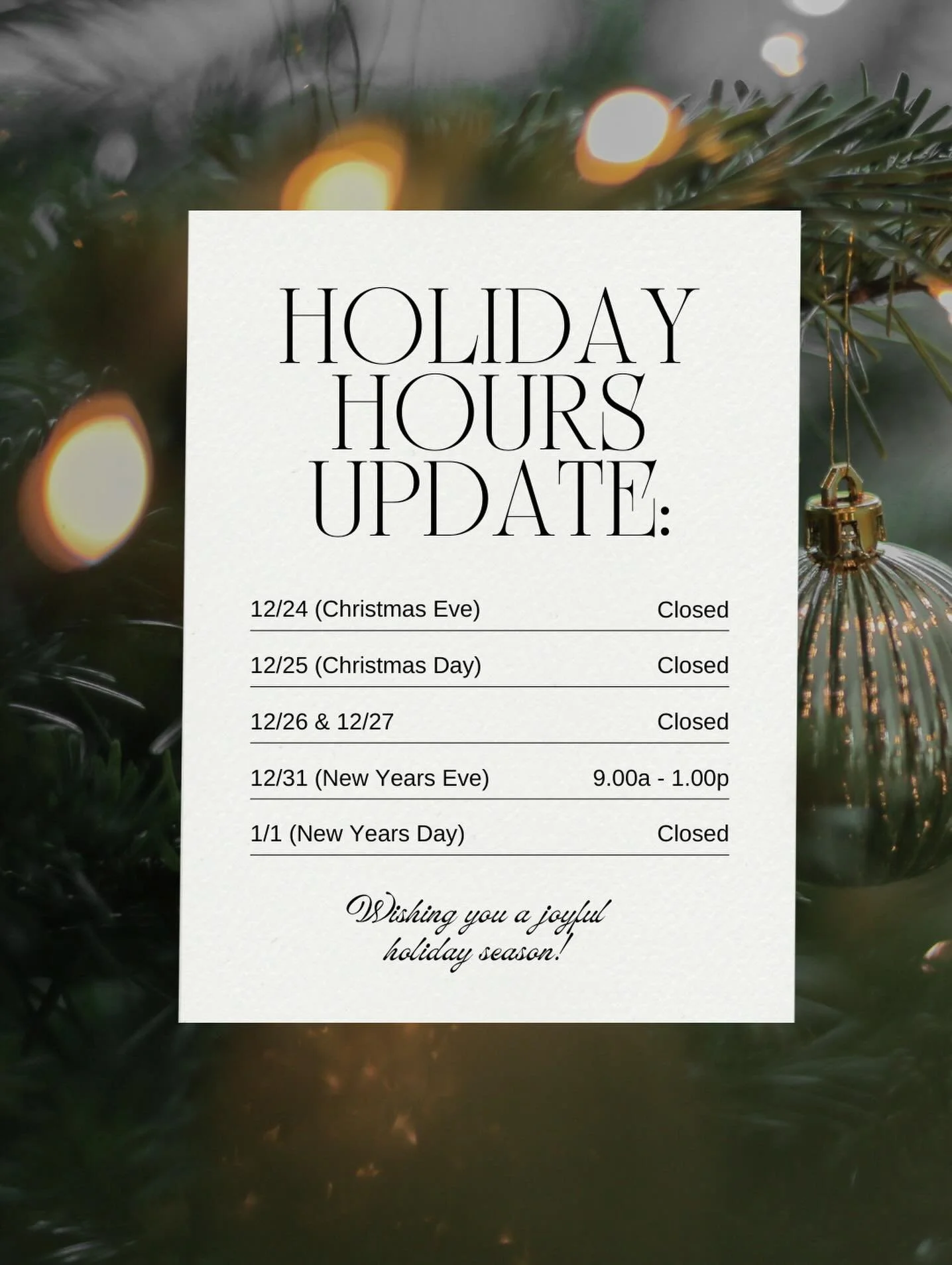 🚨 Holiday Hours Update✨

Please note the update to our Holiday Hours.

Keeping your wellness on track is just a click away: 
📲 Manage, book, or adjust your appointments anytime online.

Wishing you and your family a healthy, joy-filled holiday seas