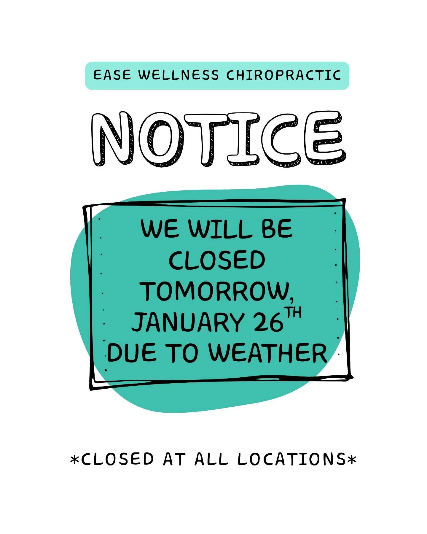 Due to weather conditions, Ease Wellness Chiropractic will be closed at all locations tomorrow to keep our patients and team safe.

Please stay safe, stay warm, and we&rsquo;ll see you soon. 🤍