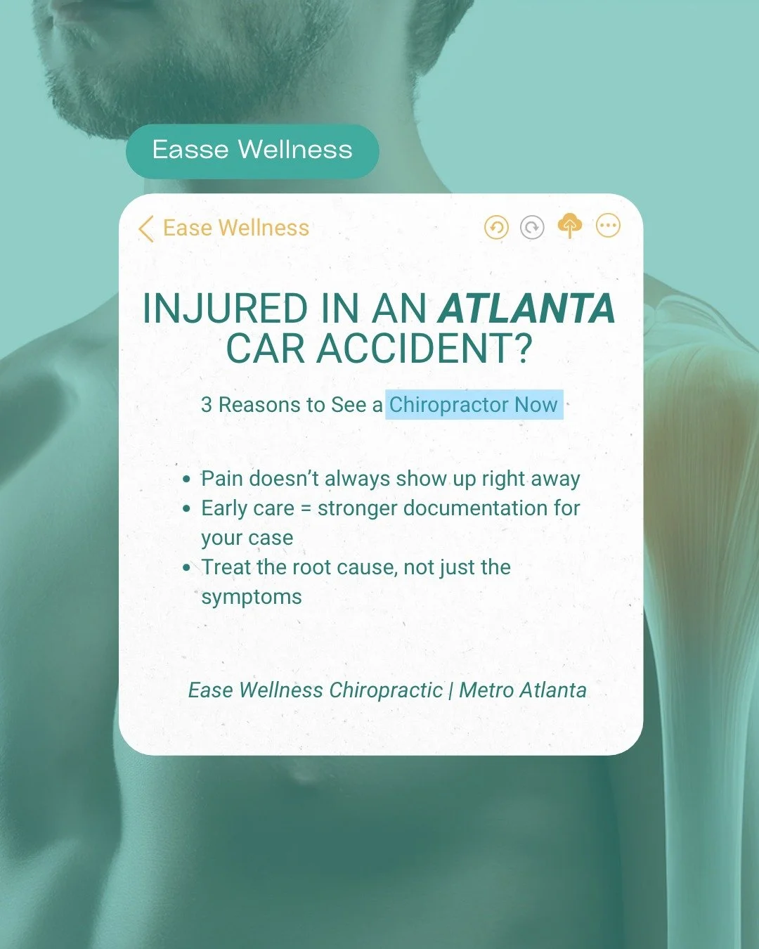 Something most people don't know after a car accident in Atlanta:
You don't have to wait until you're in serious pain to seek treatment or to start a claim. In fact, waiting often hurts both your body and your case.

Soft tissue injuries and spinal m