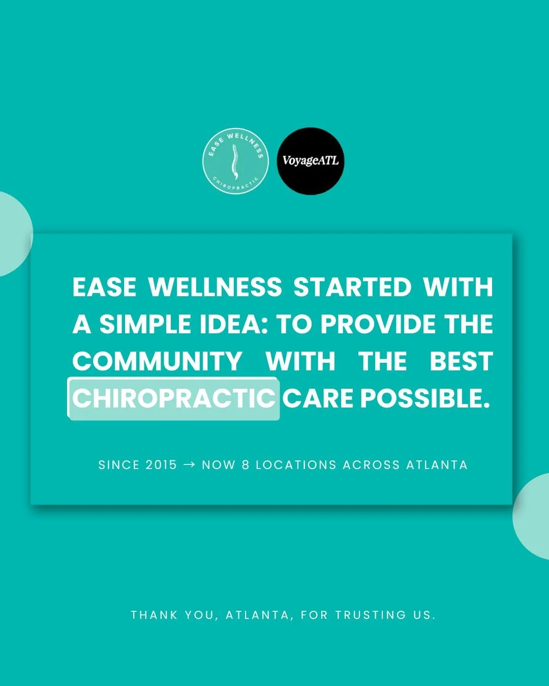 We were recently featured in Voyage ATL, and we are grateful.
Dr. Cara started Ease Wellness in 2015 with a simple idea: bring the best chiropractic care to the community.

No frills. Just compassion and results. From a single location in the Old Fou