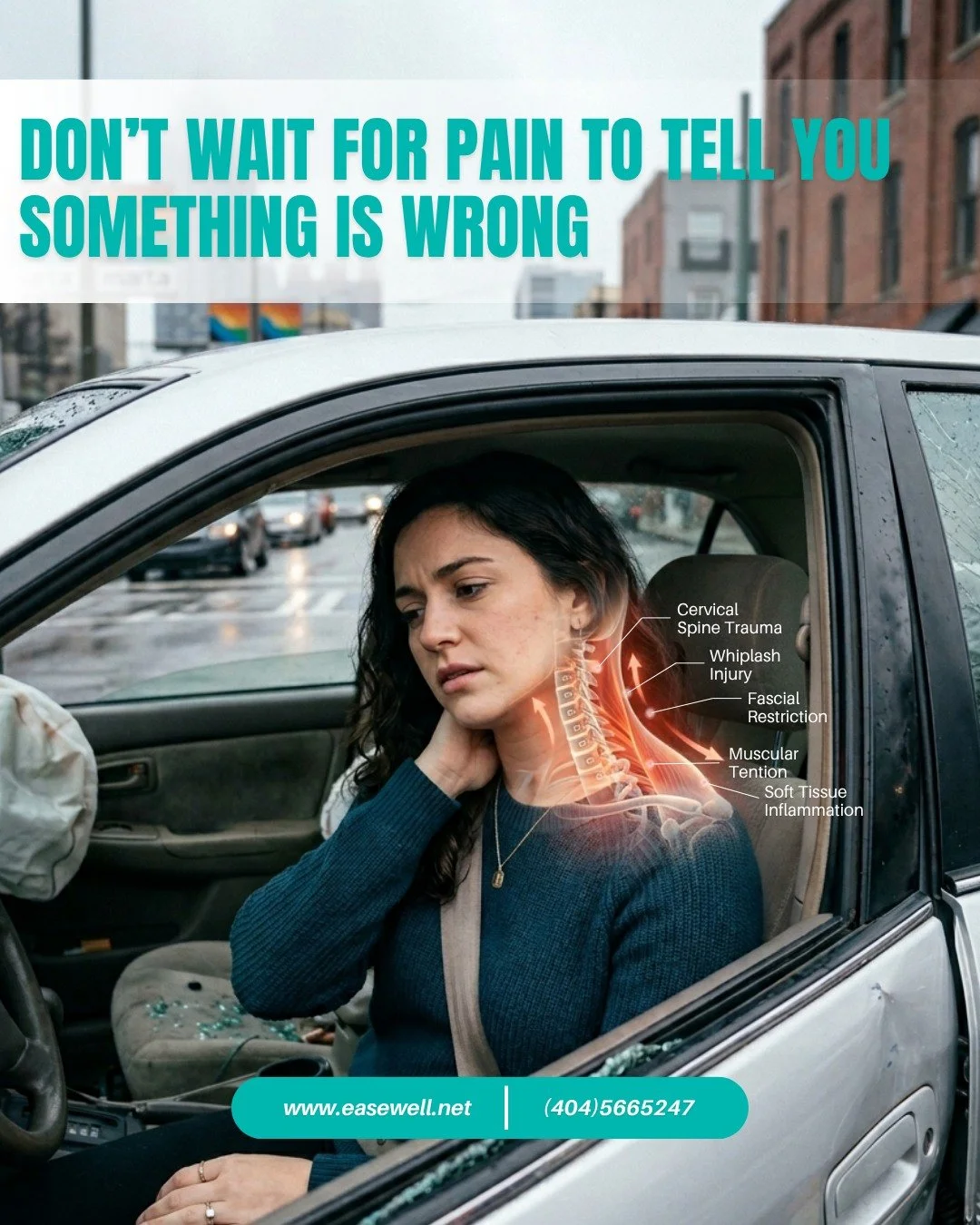Something most people don't know about car accident injuries in Atlanta:
The injury that hurts you most might not show up for days.

Whiplash, soft tissue damage, and fascial restriction from a collision can take 48 to 72 hours, sometimes longer, to 