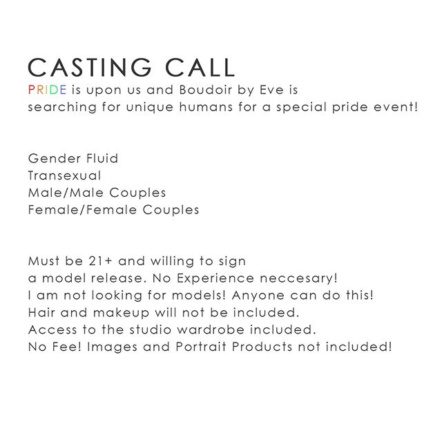To create amazing content, I need amazing human beings to photograph! This is a casting call for the LGBTQIA community ONLY! There is NO FEE for this casting call, however, I will only be accepting one person/couple for each category. There are no di