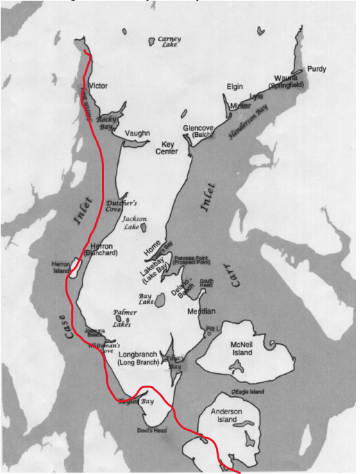 The line shows route first used by the used by the Nisqually, then later by Hudson Bay Company (1832) employees and early settlers (1870s)
